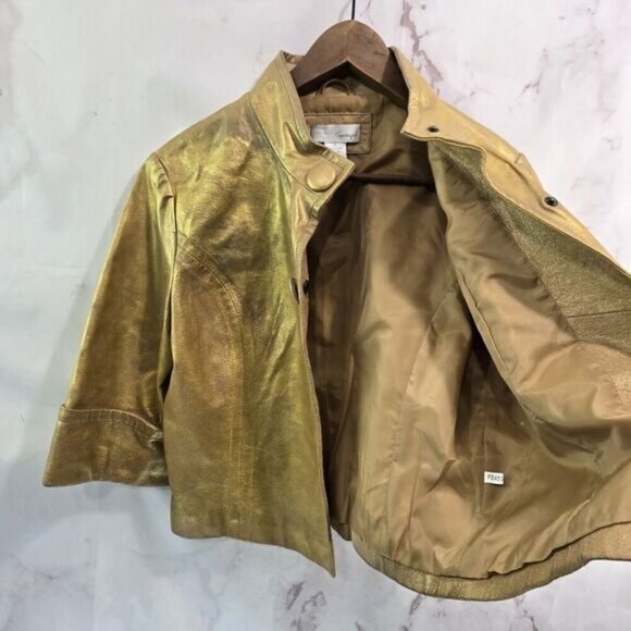 Vintage Leather Jacket Womens Medium Gold Crop Y2K Moto Glam Coated Metallic - Picture 4 of 6
